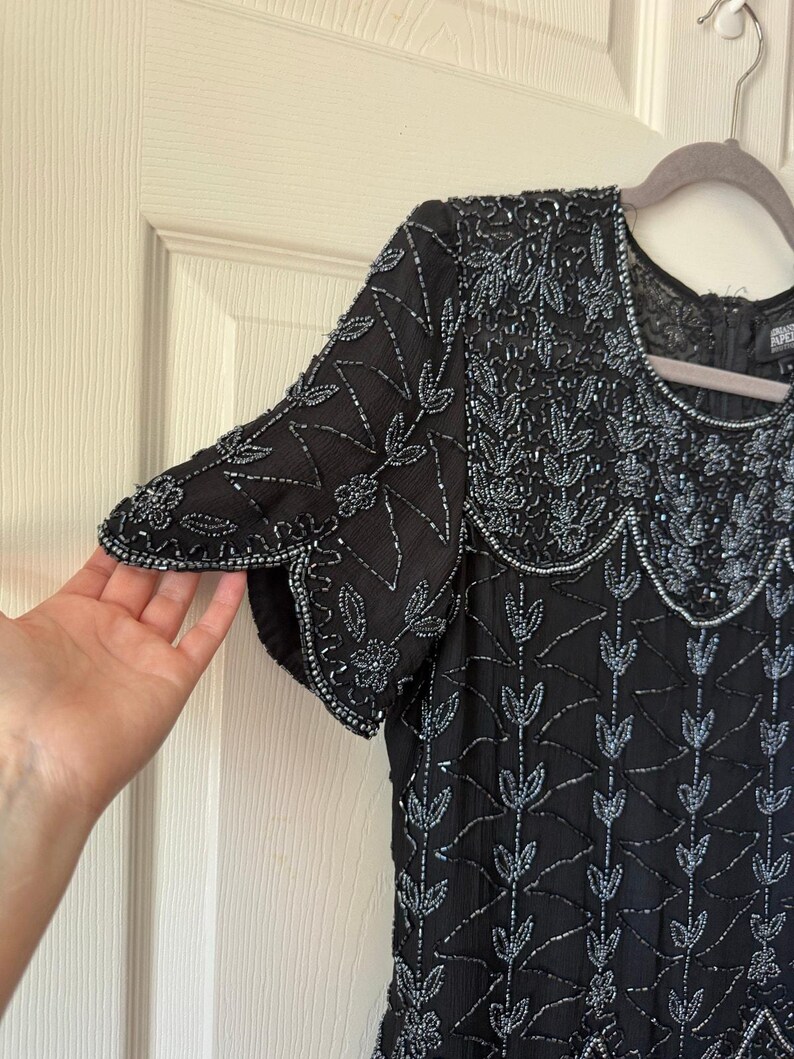 Vintage 80s / 90s Adrianna Papell Boutique Black Beaded Silk Evening Top Medium image 3