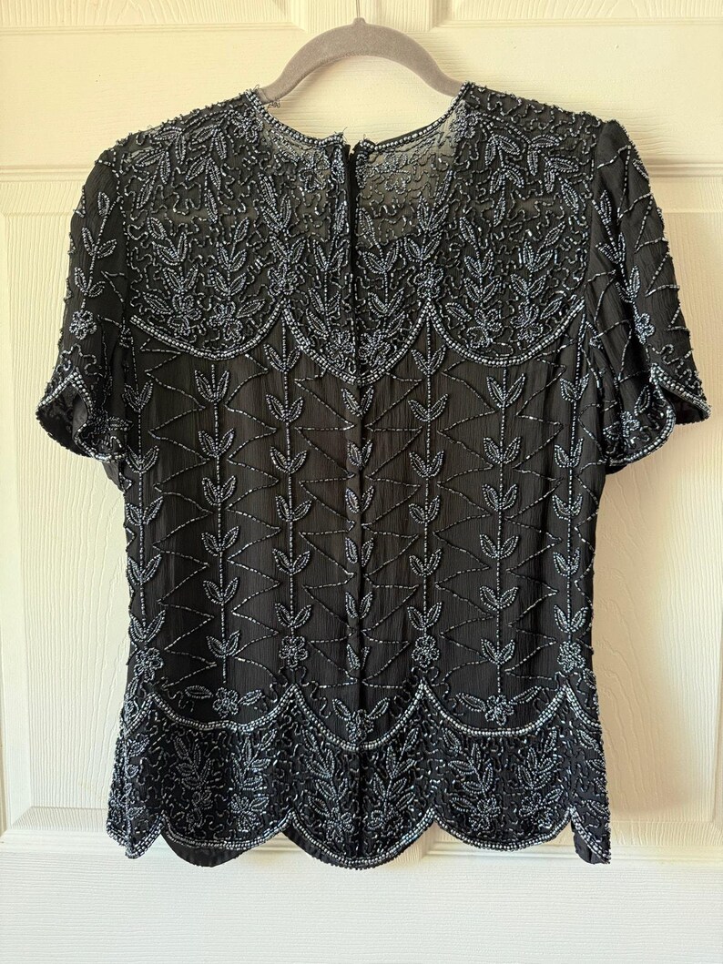 Vintage 80s / 90s Adrianna Papell Boutique Black Beaded Silk Evening Top Medium image 2