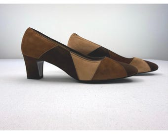 Vintage 80s 90s Red Cross Shoes Suede Brown Colorblock Heels Womens Size 7