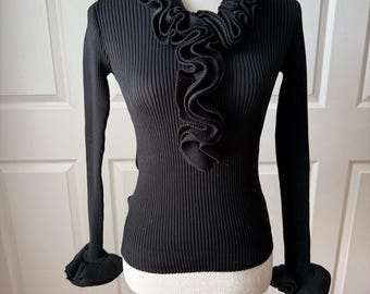 Sheridan Creations Black Ruffle Sweater 60s 70s Vintage Romantic Whimsygoth Sz S