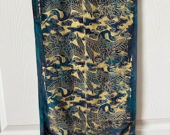 Hand Painted Silk Bird Scarf Blue Gold 54x13 OOAK Rolled Edges Wearable Art