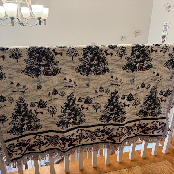 Manta tejida vintage de los años 90 de Goodwin Weavers con diseño de conejito de invierno, fabricada en EE. UU., 51x62 cm, estilo rústico.