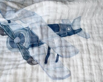 Airplanes Gauze Swaddle Set, Airplane Muslin Baby Blanket, Retro Planes Blanket, Aviator, Pilot Nursery,