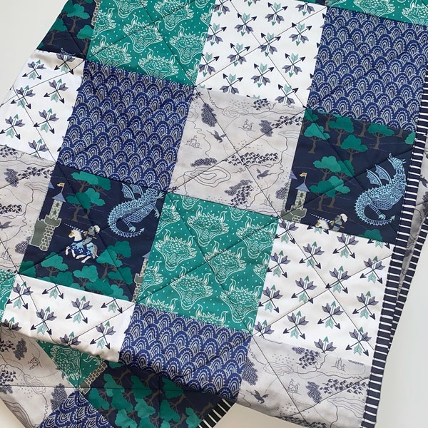Knights and Dragons Baby Quilt, Castles and Dragons Crib Quilt,  Baby Boy’s Dragon Quilt, Navy Gray and Green, Dragon Nursery