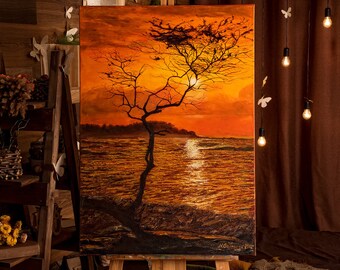 Original Painting, New Home Art, Wall Décor, Sunset Painting, Wall Art,Oil on canvas,Oil,Canvas, Landscape painting, Scenery painting, Sun