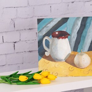 Original Painting, New Home Art, Wall Décor, Nature morte Painting,Wall Art by Natalia Geimane,Oil on carton,Oil,Carton,Pumpkin painting,Jug
