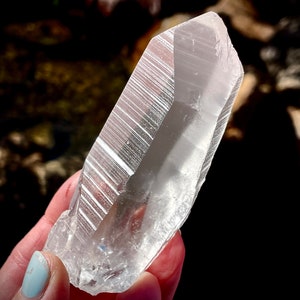 Genuine Lemurian Quartz Crystal, Natural and Unpolished with Prominent Striations and Satin Lustre, Ultra Clear Lemurian Quartz