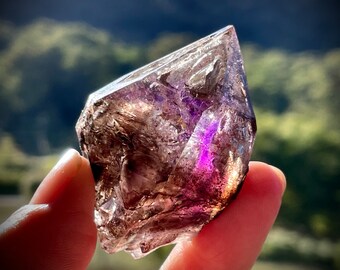 Brandberg Smoky Amethyst Fenster Sceptre Crystal with Clay Inclusion, Intricately Detailed Window Quartz Crystal from Namibia
