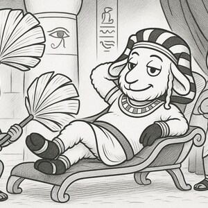 Peut inclure: Illustration en noir et blanc d'un mouton de dessin animé vêtu en pharaon égyptien, allongé sur une chaise longue. Deux personnages s'occupent du mouton, l'un agenouillé avec un éventail. La scène se déroule dans un temple avec des hiéroglyphes.