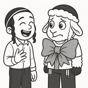 Peut inclure: Illustration en noir et blanc de deux personnages de dessin animé. L'un est une personne souriante portant une kippa, une chemise blanche et un pantalon noir. L'autre est un mouton portant un nœud papillon, un chapeau et un pantalon noir.