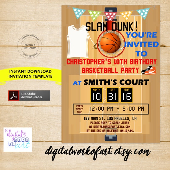basketball party invitation template basketball party etsy