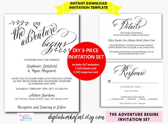 Diy Rustic Wedding Invitation Template Set Calligraphy Rustic Etsy