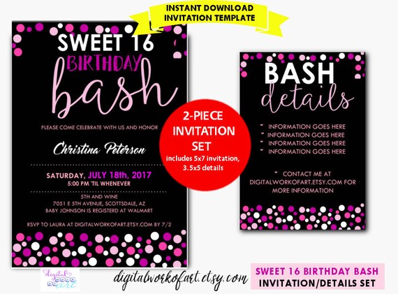 sweet 16 birthday party invitation template diy editable etsy