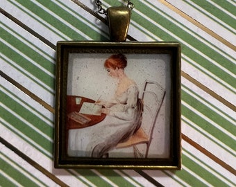 Woman in White Dress Jane Austen Inspired Writing Love Letter Necklace