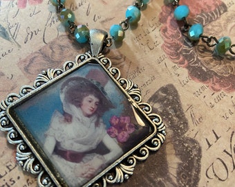 Revolutionary War Woman Pendant Necklace - Beautiful  Victorian Painting of a Woman with a Flower