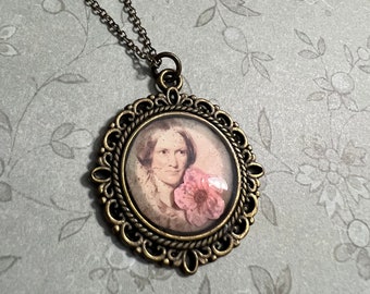 Charlotte Bronte Jane Eyre Portrait Necklace with Dried Flower Bronte Sisters