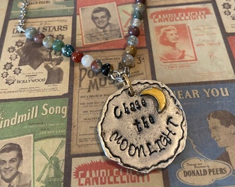 Chase the moonlight! Moon child. Boho stamped crescent moon