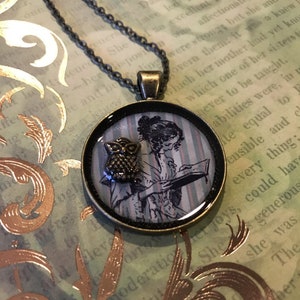 Woman Reading Pendant Necklace - Simple Vintage Victorian Woman in Stripes - Gift for Girls, Sisters and Moms - Book Lover - Literature Gift