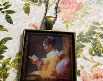 Victorian Woman in Yellow Reading Book Necklace