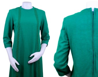 Vintage 60s Emerald Green Shift Dress with Lace Detail 1960s 1970s Womens 16 Medium M