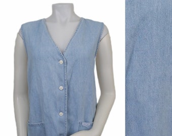 Vintage 90s Denim Blue Button-Up Artist Vest with Deep Pockets 1990s Womens Medium M