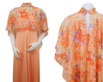 Vintage 70s Pastel Orange Sun Dress with Floral Overlay Cape 1970's Woman Small S