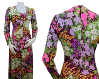 Vintage 70s Purple Floral Boho Maxi Dress with Long Sleeves 1970s Womens Small S