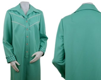 Vintage 70s Retro Teal Button-Up Dress with Polka Dot Cuffs 1970s Womens Large L