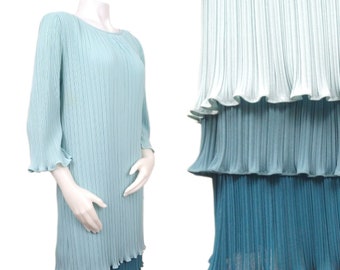 Vintage 70s Teal Blue Ombre Chiffon Pleated Cocktail Dress 1970s Womens Small S