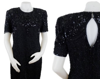 Vintage 80s Sténay Black Beaded Cocktail Dress With Keyhole Back 1980s Womens 12 Large L