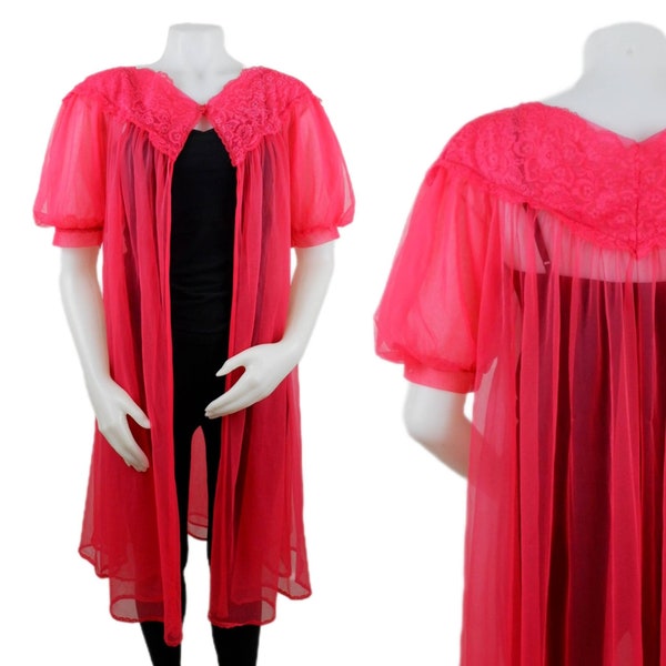 Vintage 60s Sheer Fuchsia Pink Babydoll Nightgown Cover-up Robe 1960 Women Large L