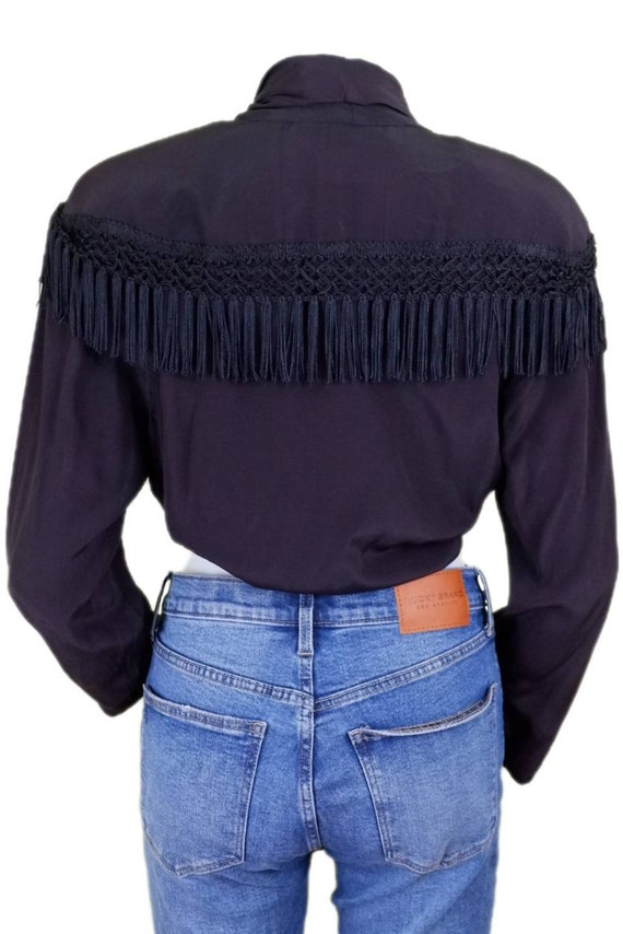 Black Tie Front Blouse with Fringe and Shoulder P… - image 5