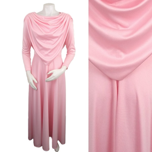 Vintage 70's Silky Pink Grecian Style Draped Long Sleeve Maxi Dress 1970s Womens Small S