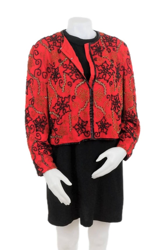 Vintage 80s Red and Black Beaded Statement Jacket… - image 9