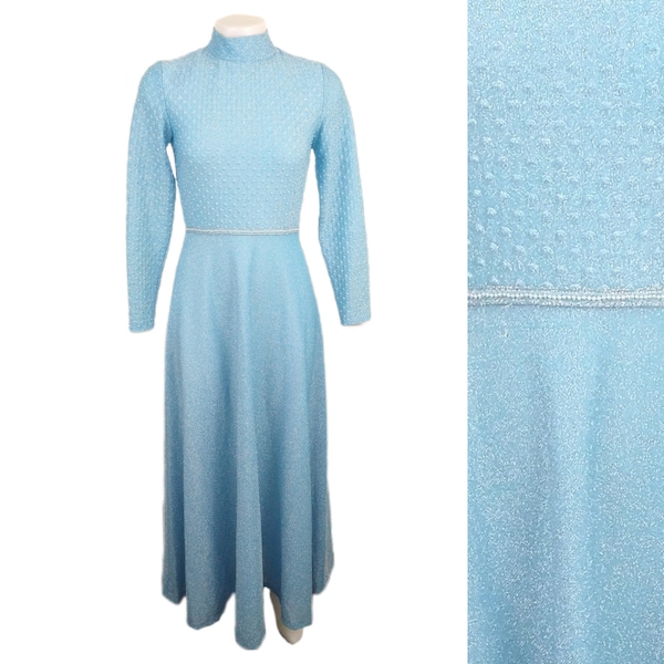 Vintage 70's Shimmery Light Blue A-Line Maxi Dress with Long Sleeves 1970s Womens X-Small XS