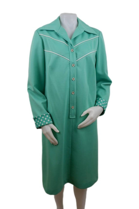 Vintage 70s Retro Teal Button-Up Dress with Polka… - image 2