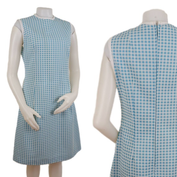 Vintage 60s Blue and White Checkered Picnic Dress… - image 1