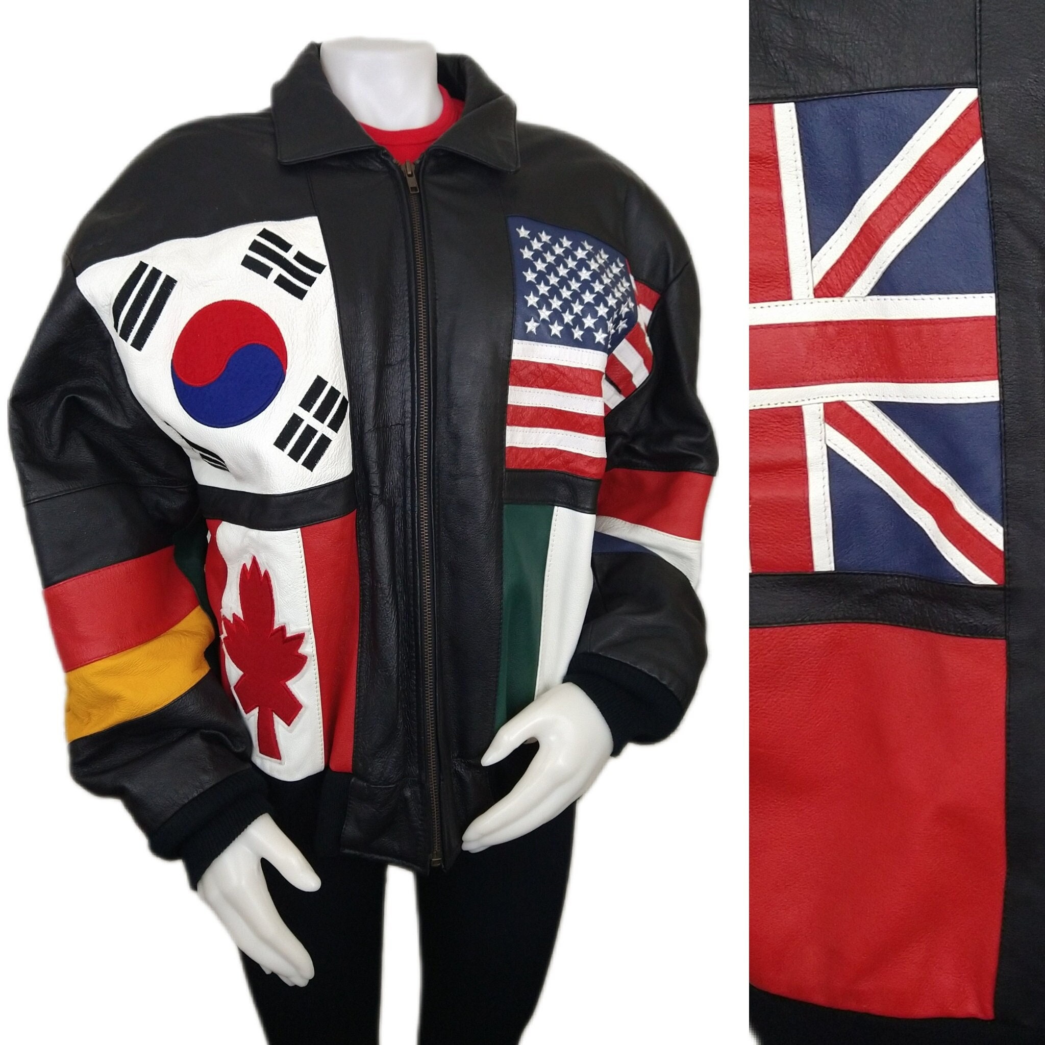 Vintage 80s Phase 2 World Nations Flags Black Leather Bomber Vintage 80s Phase 2 World Nations Flags Black Leather Bomber