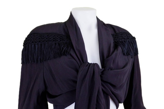 Black Tie Front Blouse with Fringe and Shoulder P… - image 3