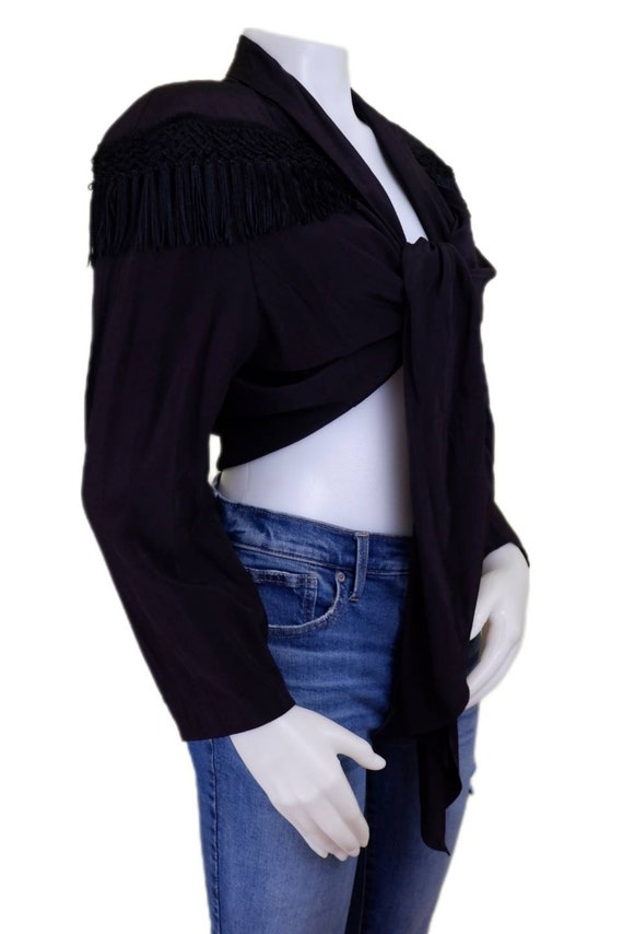 Black Tie Front Blouse with Fringe and Shoulder P… - image 4