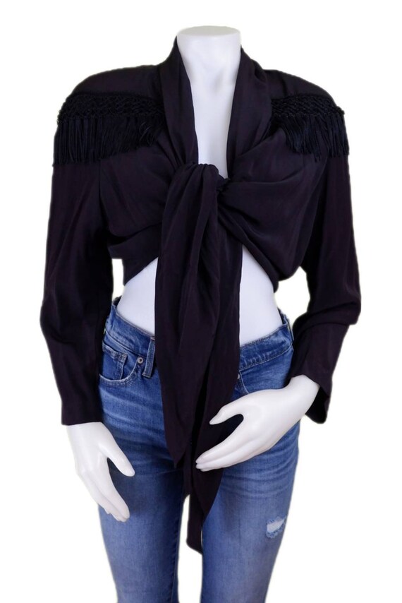 Black Tie Front Blouse with Fringe and Shoulder P… - image 2