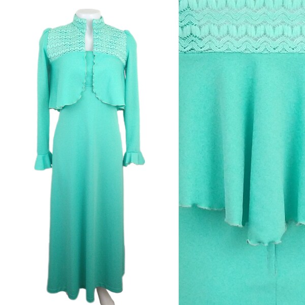 Vintage 70s Teal Two-Piece Dress and Lace Jacket Set 1970s Womens X-Small XS