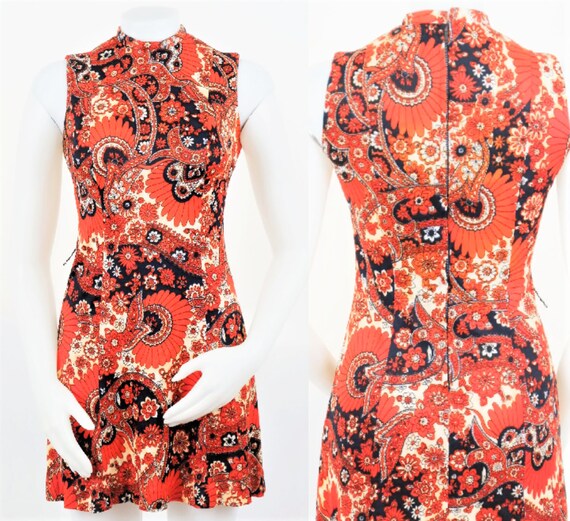 Mod 60s/70s Psychedelic Paisley Print Mini Dress