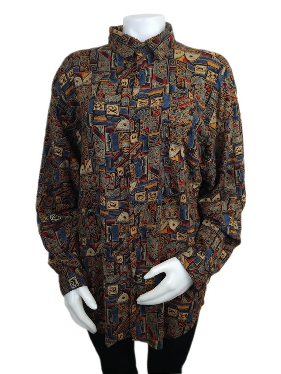 Vintage 90s Jazzman Tribal Abstract Print Button up Shirt 1990s 