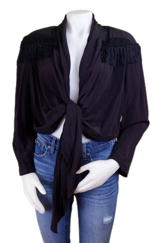 Black Tie Front Blouse with Fringe and Shoulder P… - image 8