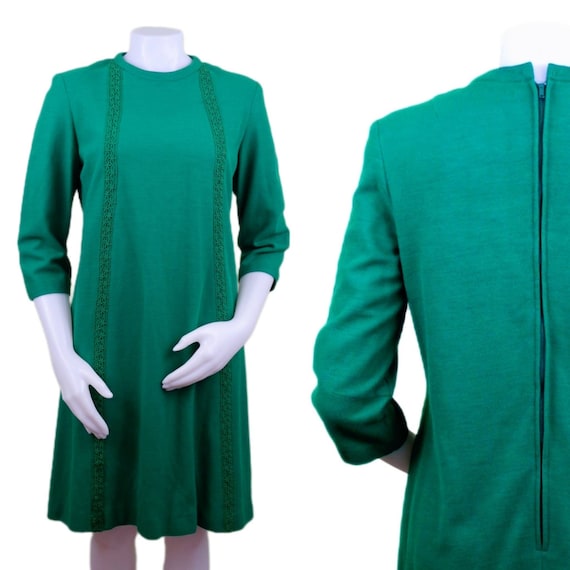 Vintage 60s Emerald Green Shift Dress with Lace D… - image 1
