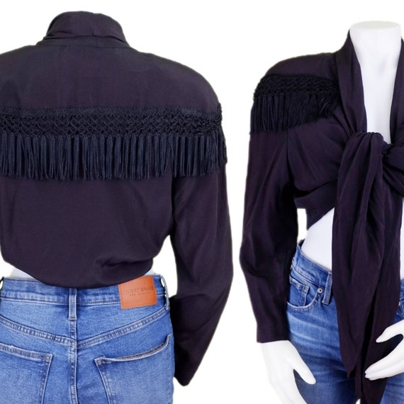 Black Tie Front Blouse with Fringe and Shoulder P… - image 1