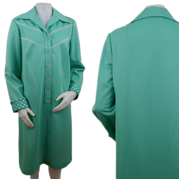 Vintage 70s Retro Teal Button-Up Dress with Polka… - image 1
