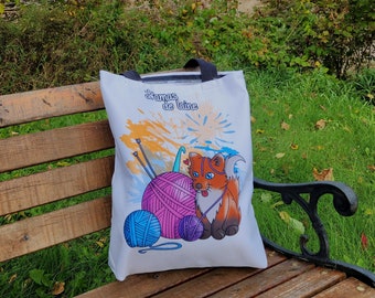 Bernard the fox Canva tote Bag - Cotton straps grocery shopping yarn bag reusable carryall printed yarn ball animal crochet hook knitting