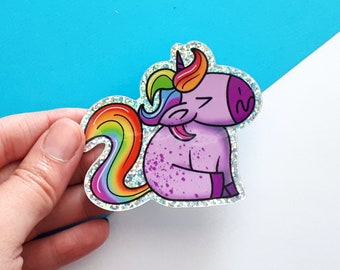 Silver Holographic Confetti Unicorn Vinyl Sticker - Glossy Die cut - Constipated unicorn magical laptop water-proof weather resistant